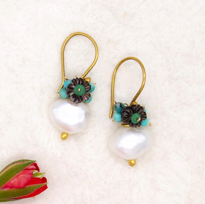 River Song - Cultured Pearl with Flower Earrings