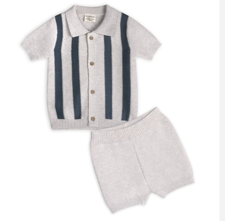 Stripe Knit Classic Button Baby Shorts and Shirt