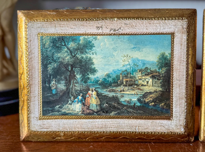 Vintage Italian Gilt Wood Framed Rococo Prints: Pastoral Scene 1/Scene 2