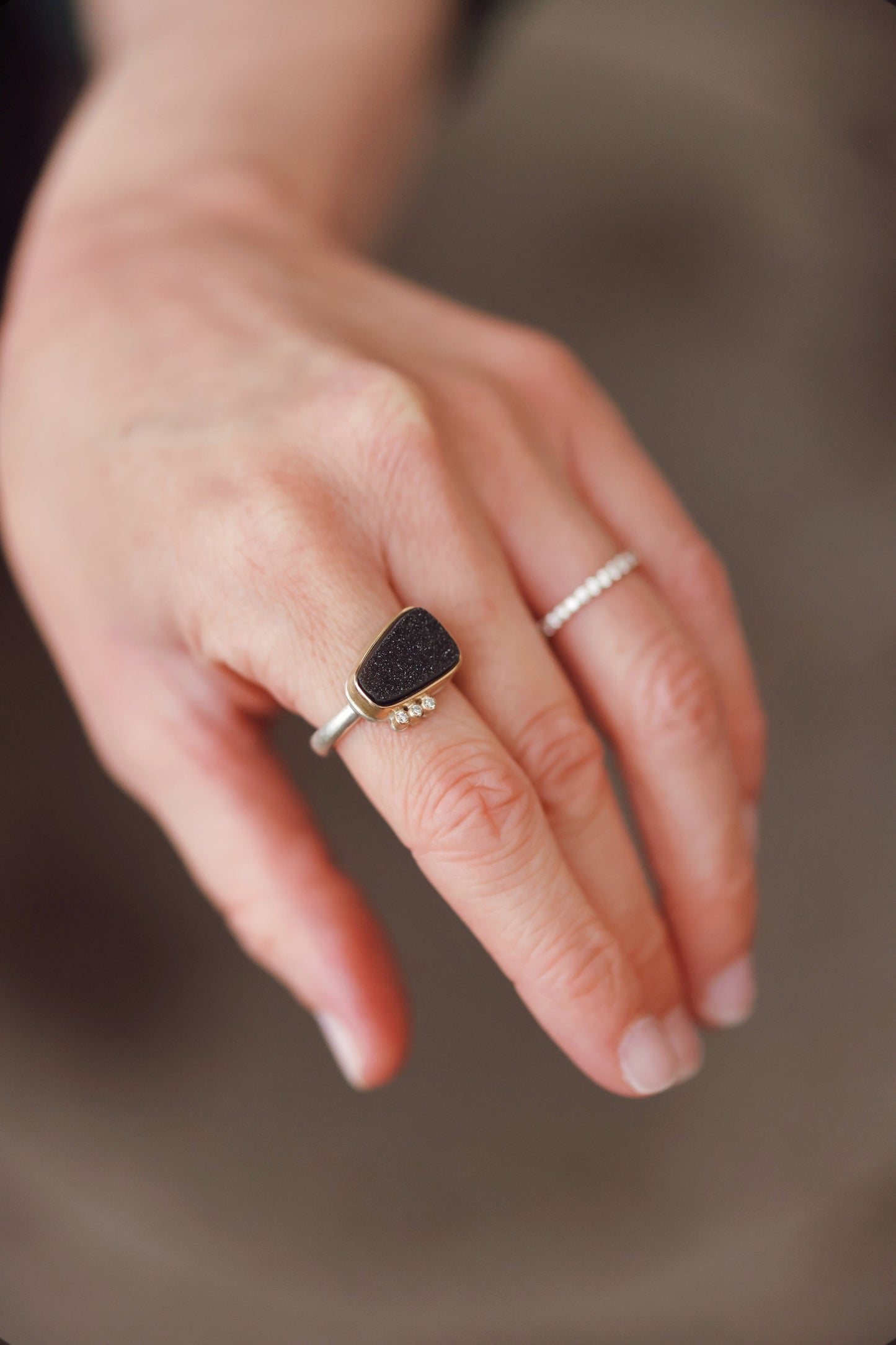 Jamie Joseph - Small Brazilian Black Drusy with 3 satellite diamonds - size 7