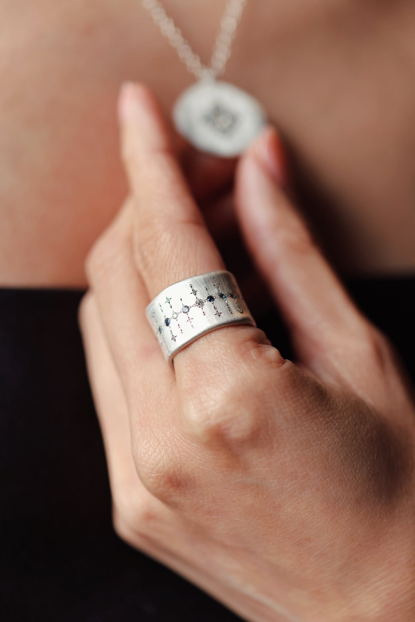 Adel Chefridi - Wide Silver Band with single stone line patter in sapphire, aquamarine, and diamond