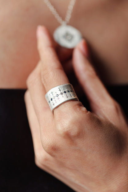 Adel Chefridi - Wide Silver Band with single stone line patter in sapphire, aquamarine, and diamond