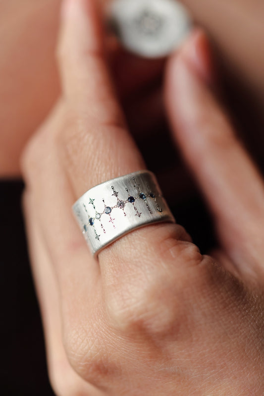 Adel Chefridi - Wide Silver Band with single stone line patter in sapphire, aquamarine, and diamond
