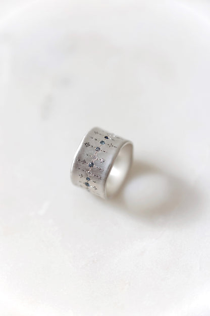 Adel Chefridi - Wide Silver Band with single stone line patter in sapphire, aquamarine, and diamond