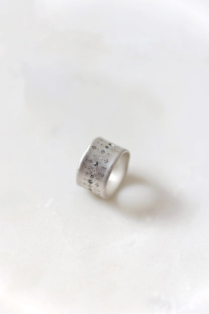 Adel Chefridi - Wide Silver Band with single stone line patter in sapphire, aquamarine, and diamond