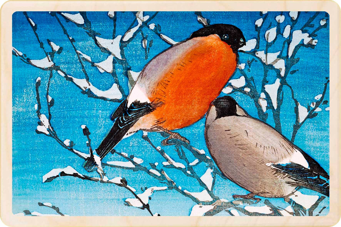 Bullfinches - Wooden Christmas post card