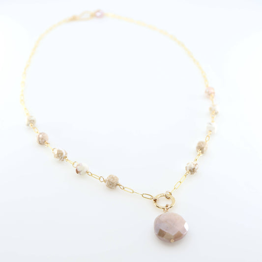 White Turquoise Cube and Champagne Moonstone Necklace