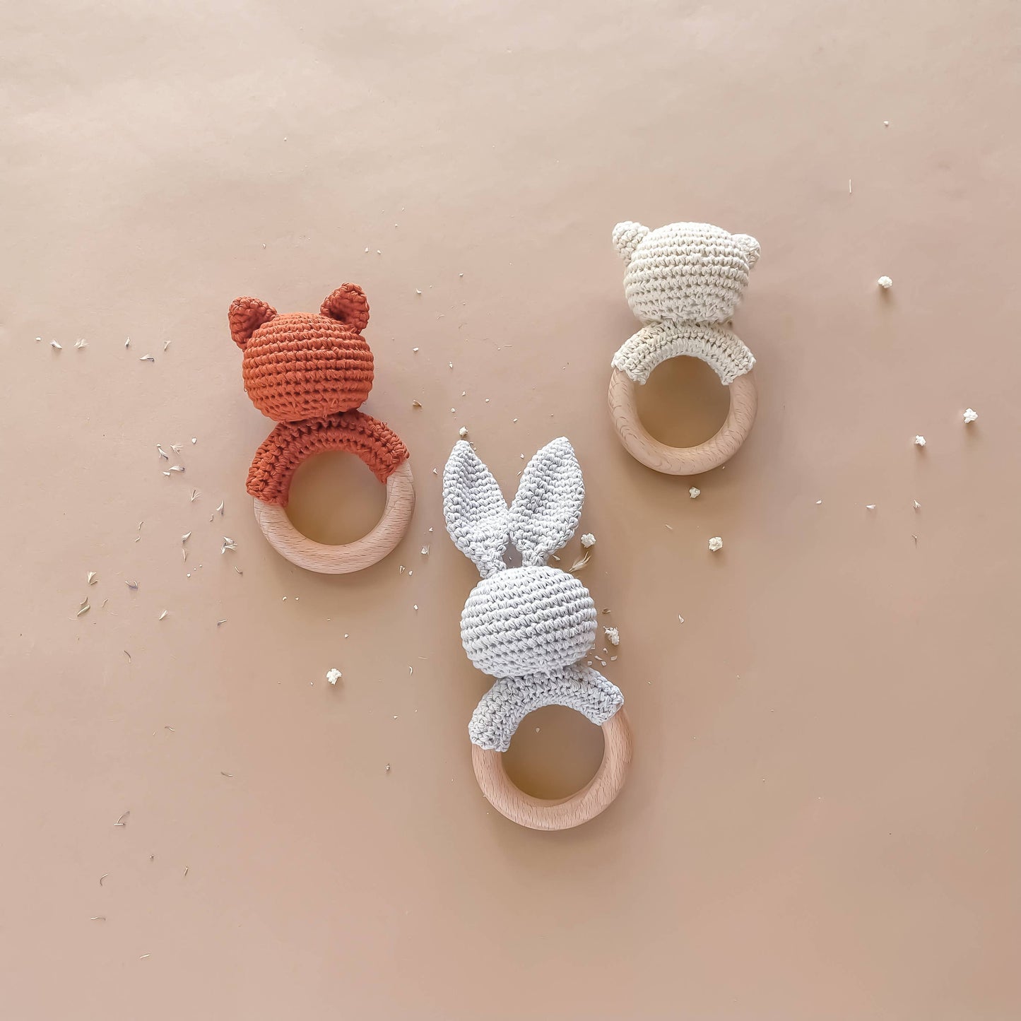 Teether Bunny Grey Cotton Rattle Baby Gift Spring