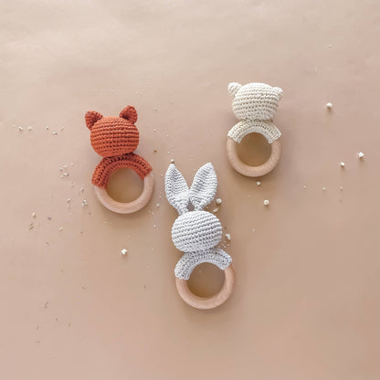 Teether Bunny Grey Cotton Rattle Baby Gift Spring