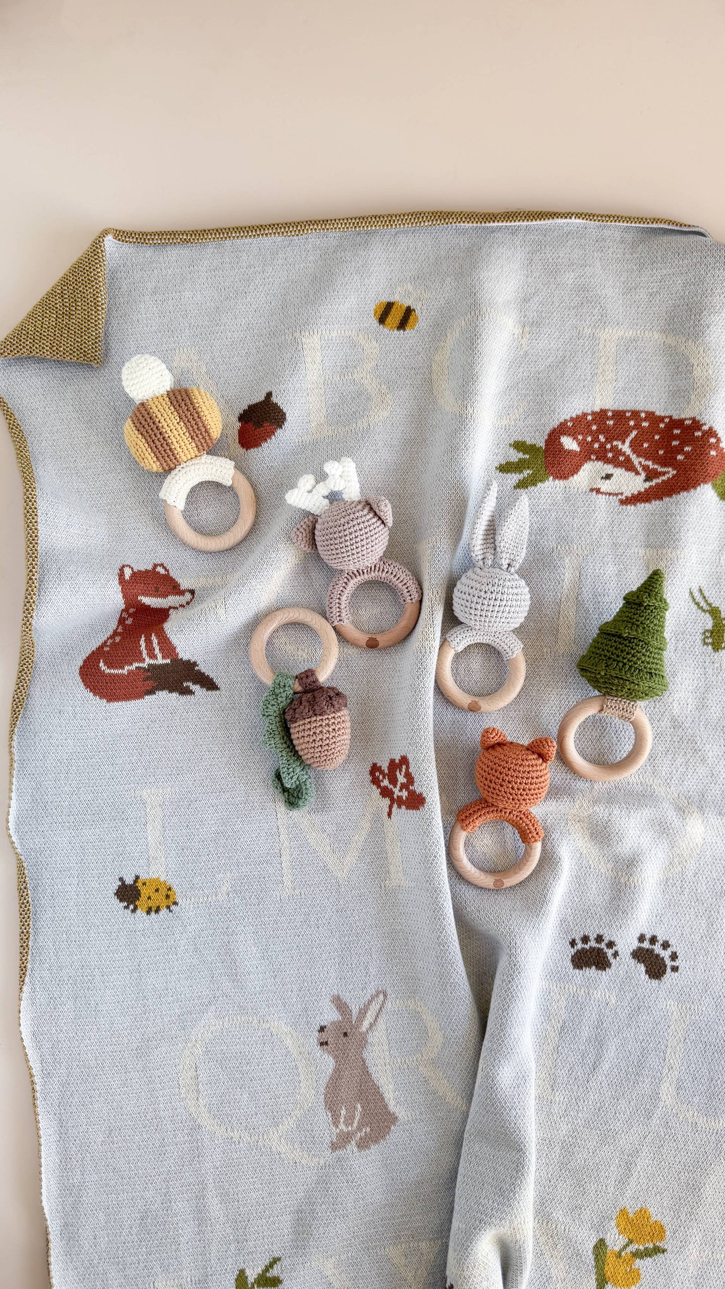 Teether Bunny Grey Cotton Rattle Baby Gift Spring