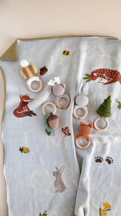 Teether Bunny Grey Cotton Rattle Baby Gift Spring