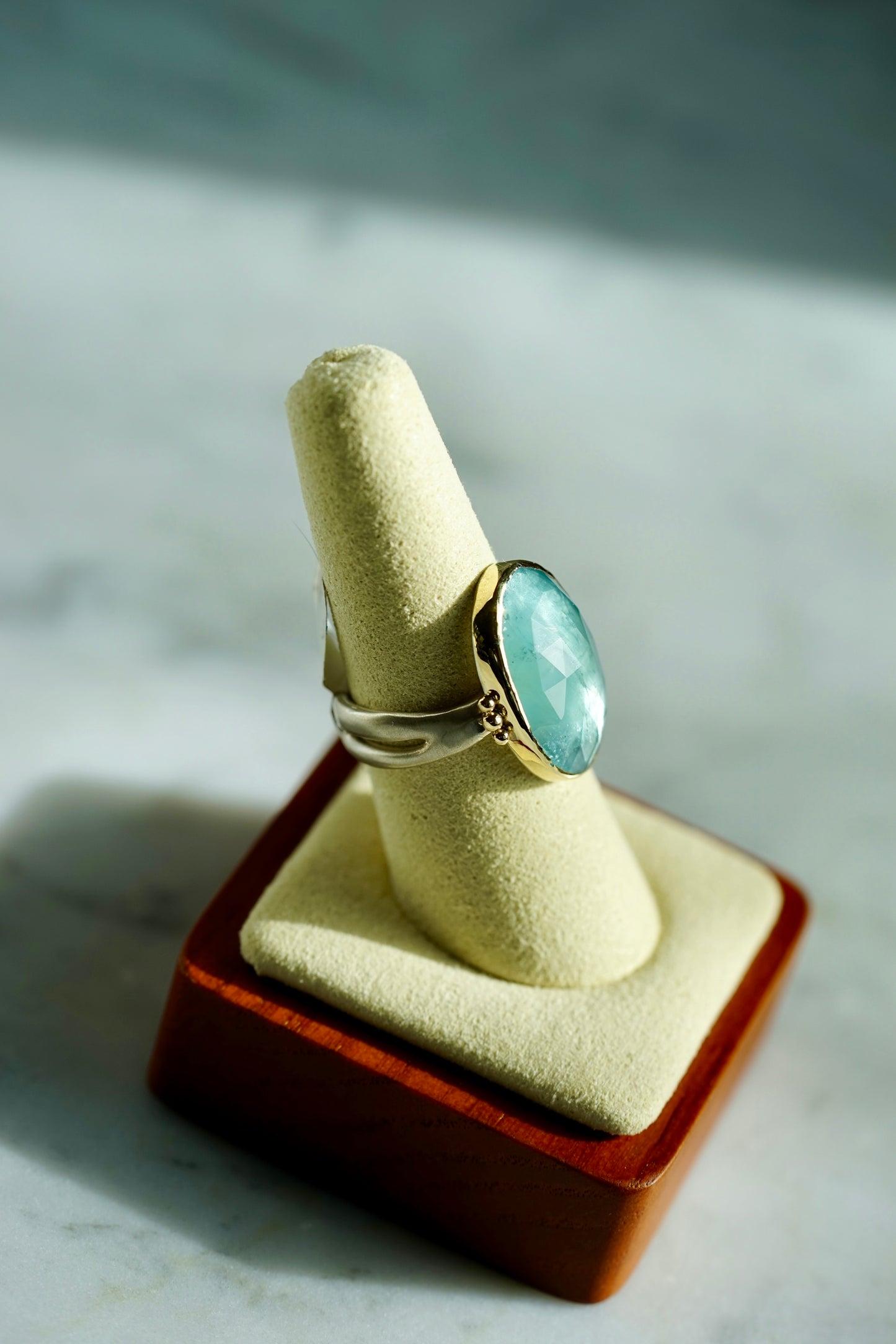 Aquamarine Cocktail Ring with seakelp band - 14k bezel w/sterling band
