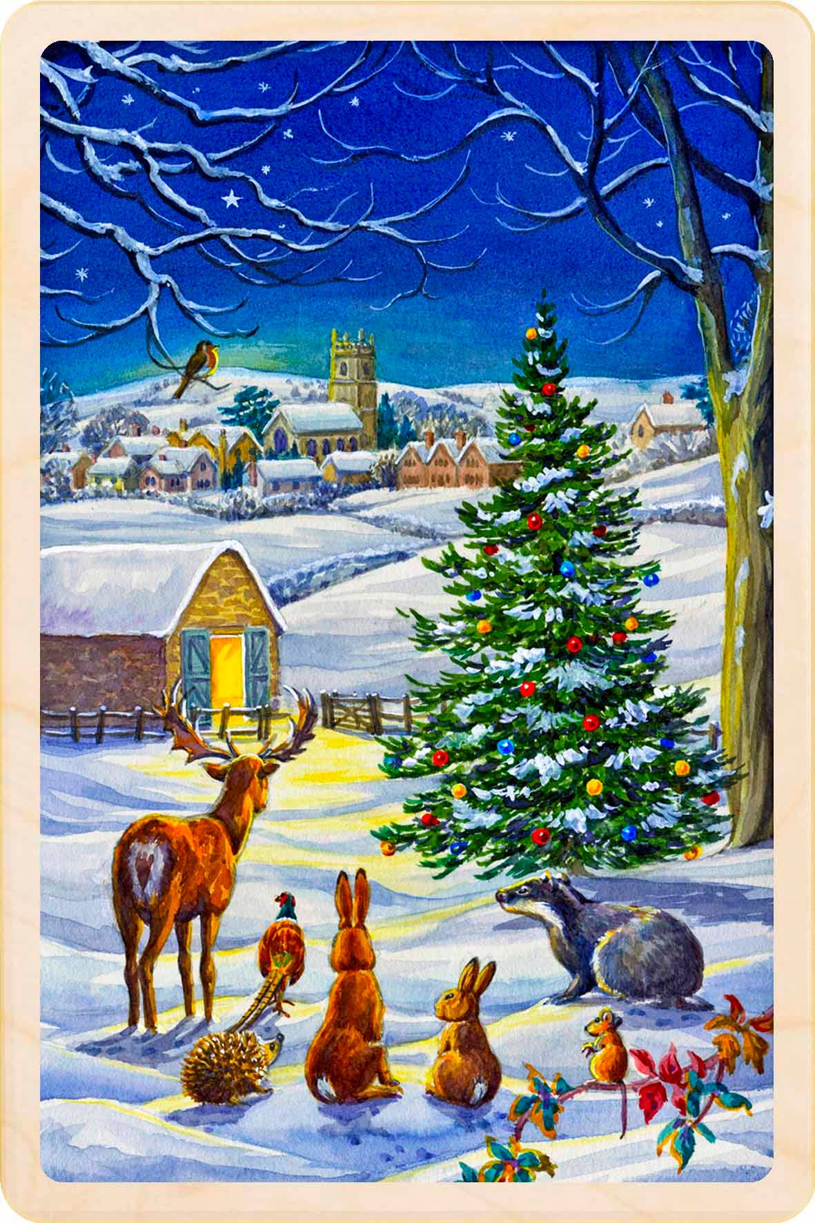 Christmas Night with tree - Wooden Christmas cards