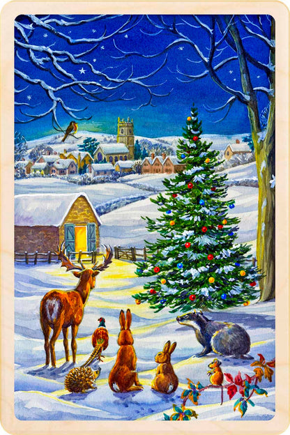 Christmas Night with tree - Wooden Christmas cards
