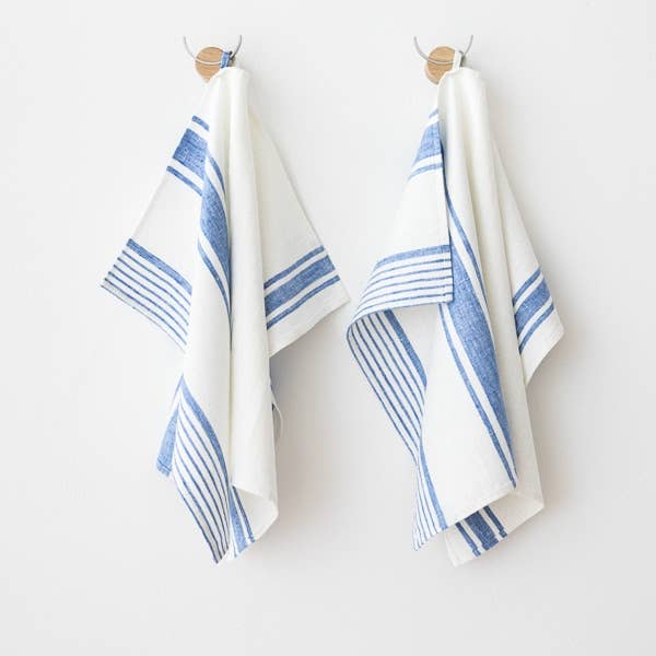 Linen Me Hand or Tea Towels Off White Blue Tuscany