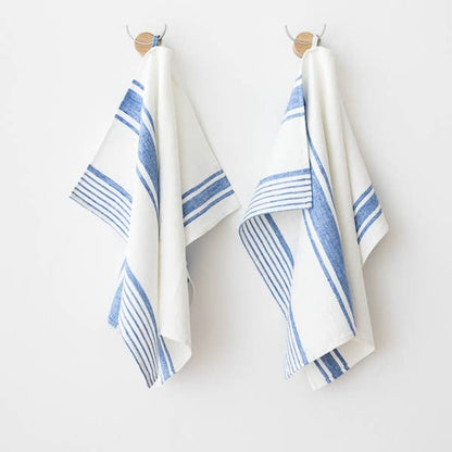 Linen Me Hand or Tea Towels Off White Blue Tuscany