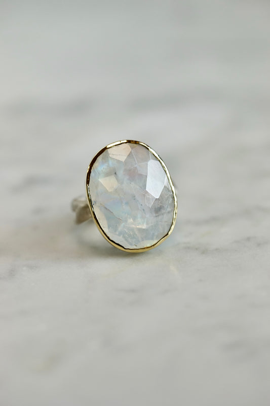 Moonstone Cocktail 14k bezel ring w/ seakelp sterling band