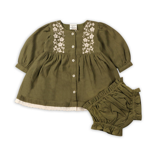 Hazel Embroidered Baby Dress & Bloomer Set (Linen Blend)