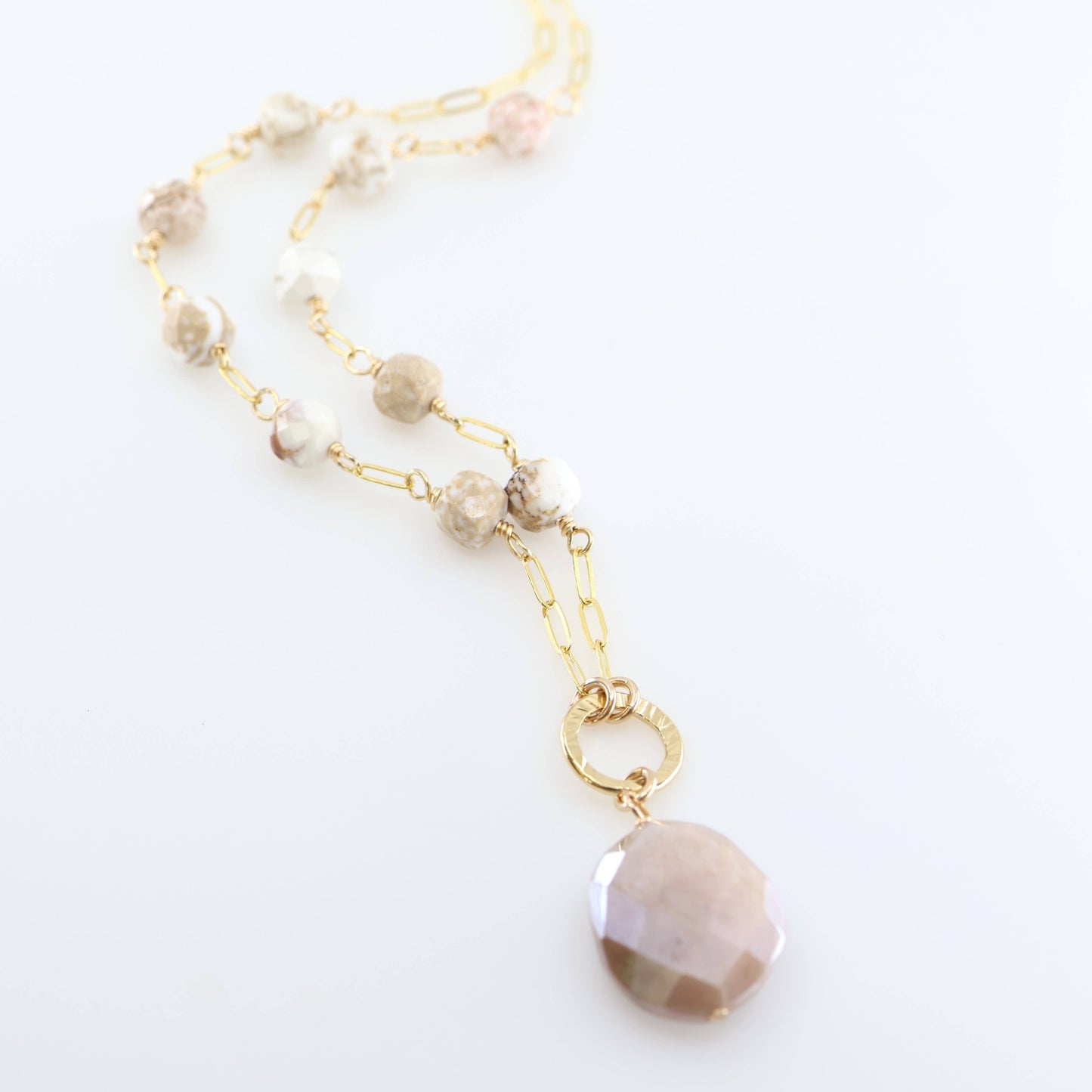 White Turquoise Cube and Champagne Moonstone Necklace