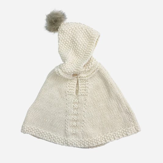 Poncho with Faux Fur Pom, Cream Kids Child Winter Holiday
