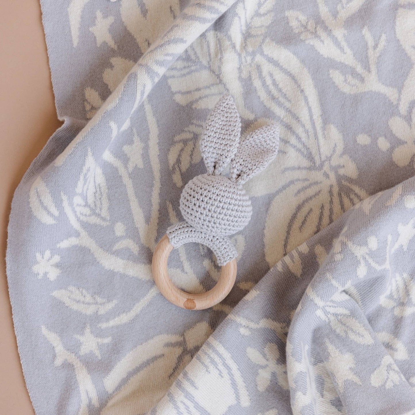 Teether Bunny Grey Cotton Rattle Baby Gift Spring