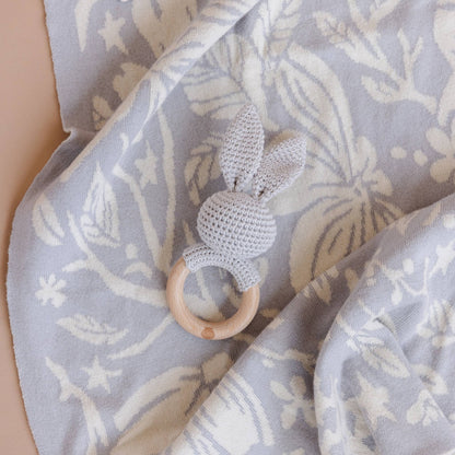 Teether Bunny Grey Cotton Rattle Baby Gift Spring