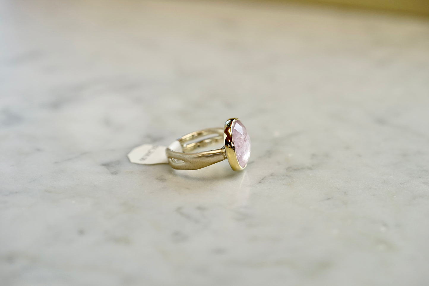 8.55 ct Morganite ring with 14k bezel and sterling sea kelp band - size 7.5