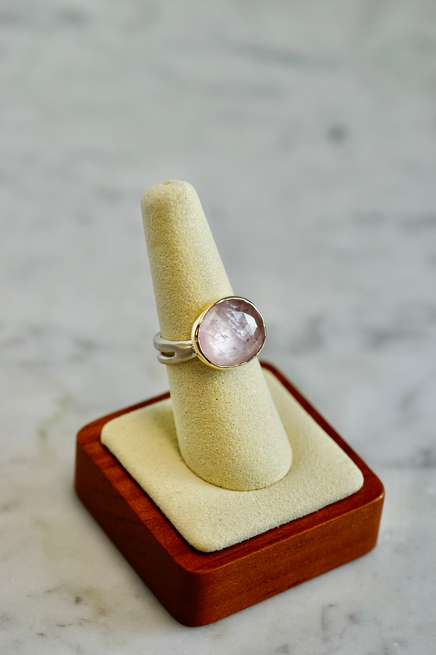 8.55 ct Morganite ring with 14k bezel and sterling sea kelp band - size 7.5