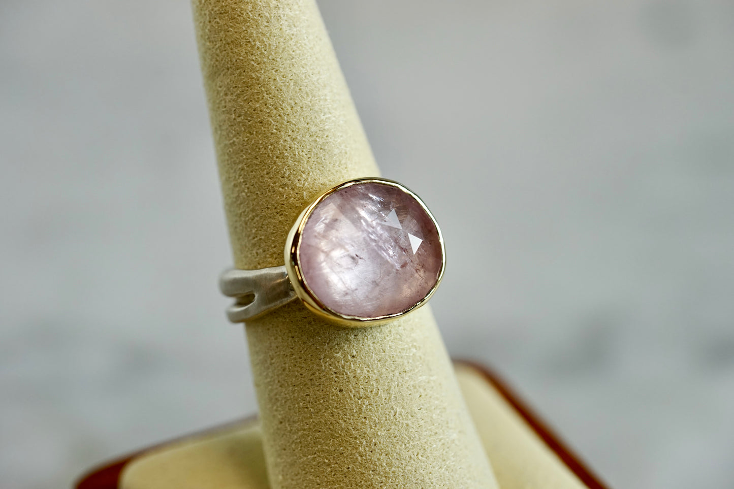 8.55 ct Morganite ring with 14k bezel and sterling sea kelp band - size 7.5