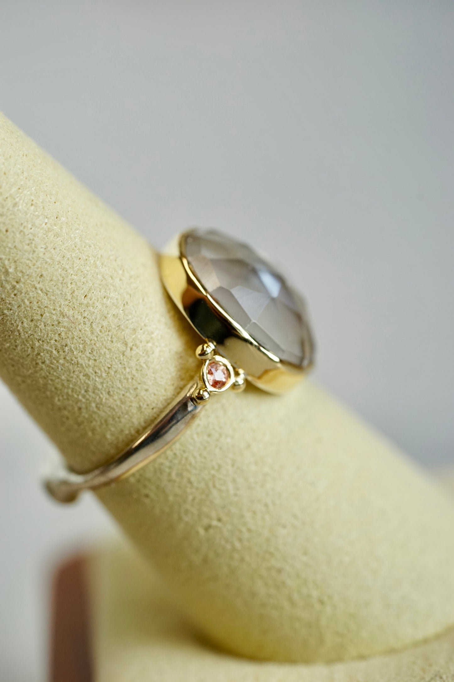 Clear Quart Ring with Sunstones - 14k bezel w/ sterling band