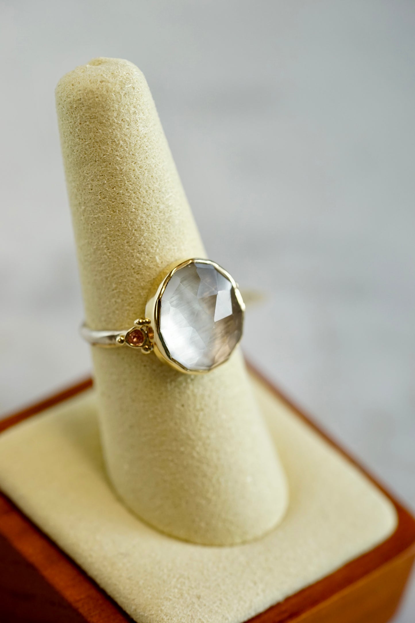Clear Quart Ring with Sunstones - 14k bezel w/ sterling band