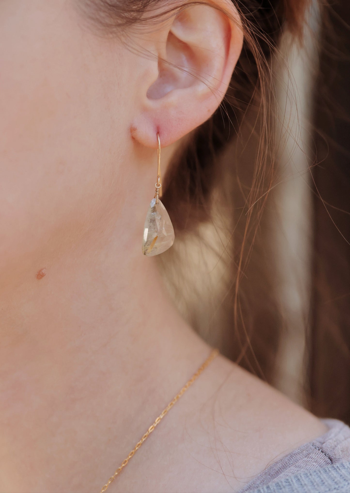 Rock Stella - Rutilated Quartz slab drops on hammered gold-fill simple wires